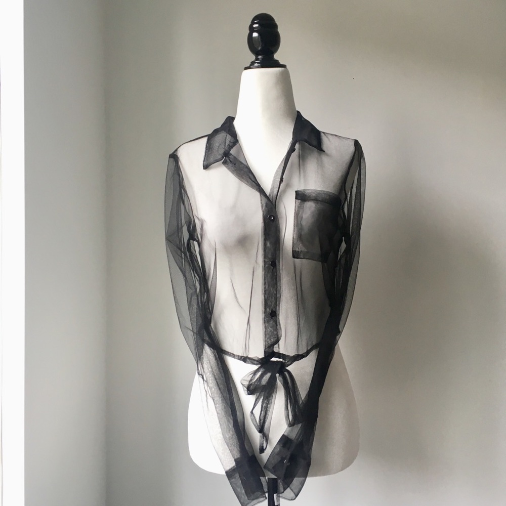 Mendocino mesh organza black tie front blouse